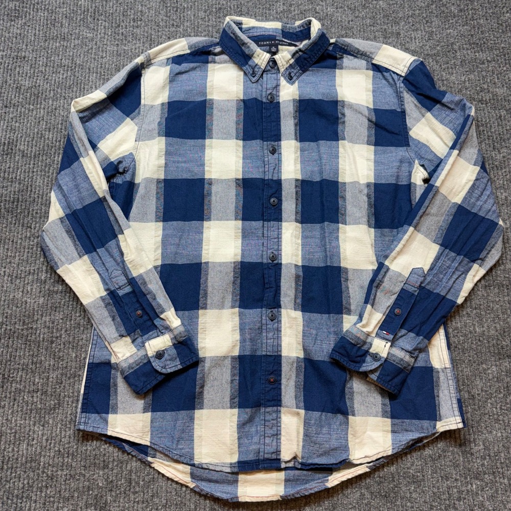Tommy Hilfiger Custom Fit Shirt Mens XL Buffalo Plaid Blue White Button Down